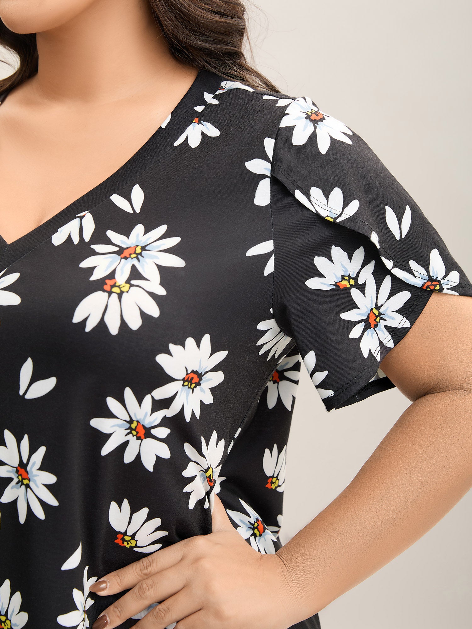 Floral Print Petal Sleeve Plain Knit Top