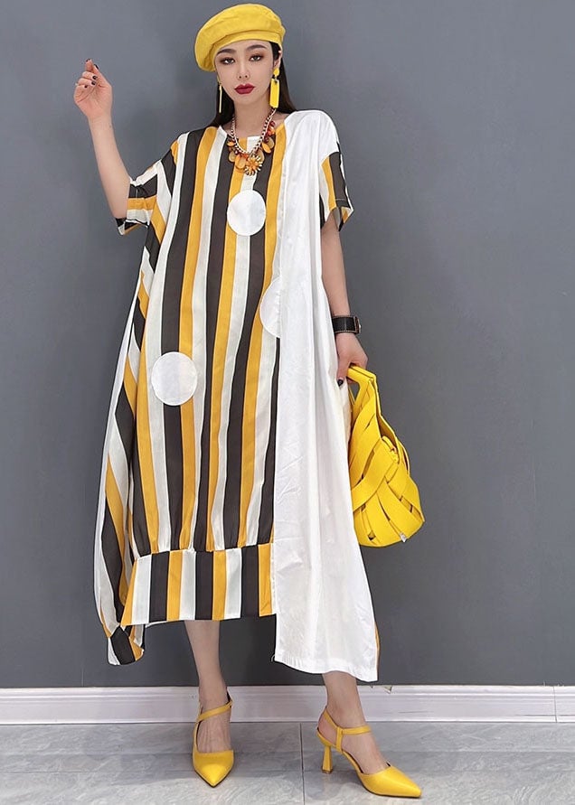 Chic Yellow Asymmetrical Striped Print Patchwork Cotton Maxi Dresses Short Sleeve Summer