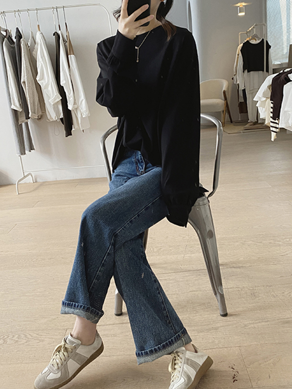 Long Sleeves Loose Solid Color Round-Neck T-Shirts Tops