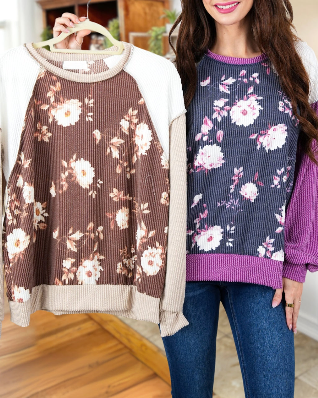 Twisted Ribbed Floral Pullover