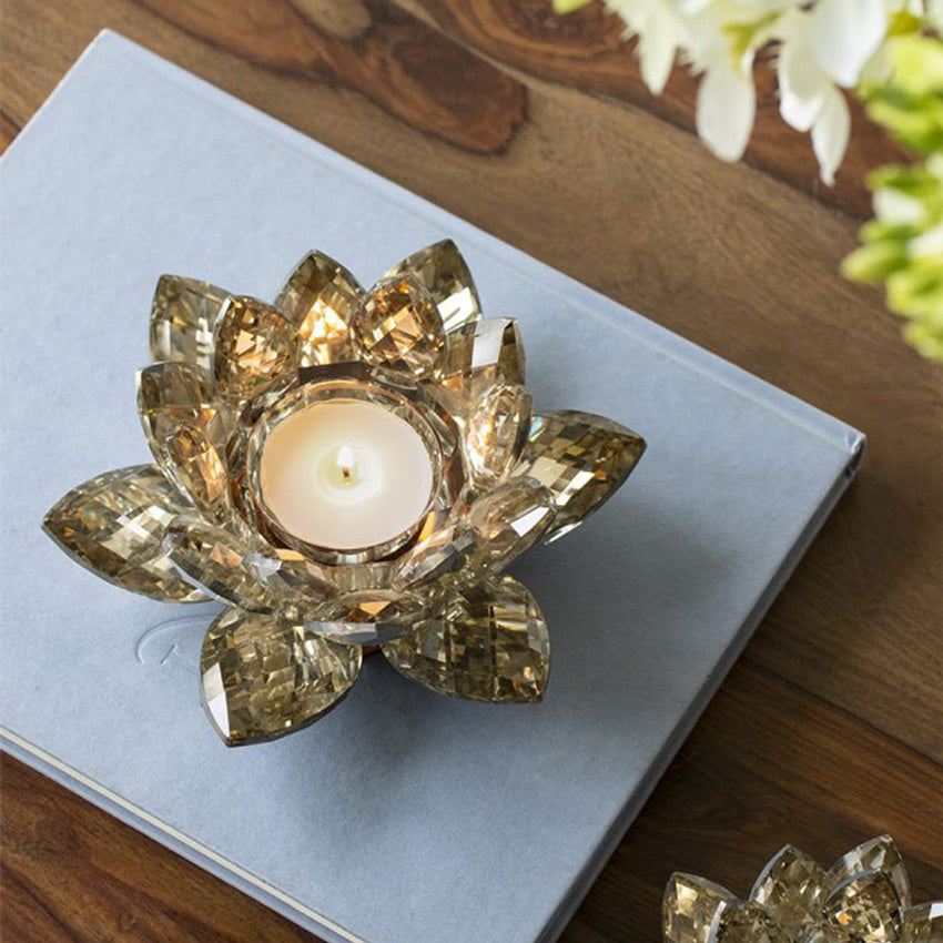 Lotus Crystal Candle Holder - Soft Gold