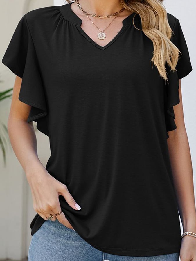 Solid V-neck Ruffled Short Sleeved Casual Top