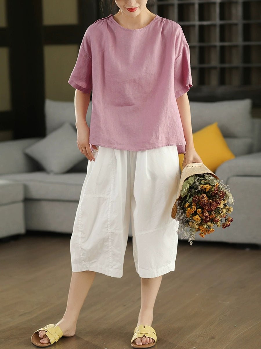 Women Summer Artsy Pure Color O-Neck 100%Linen Shirt