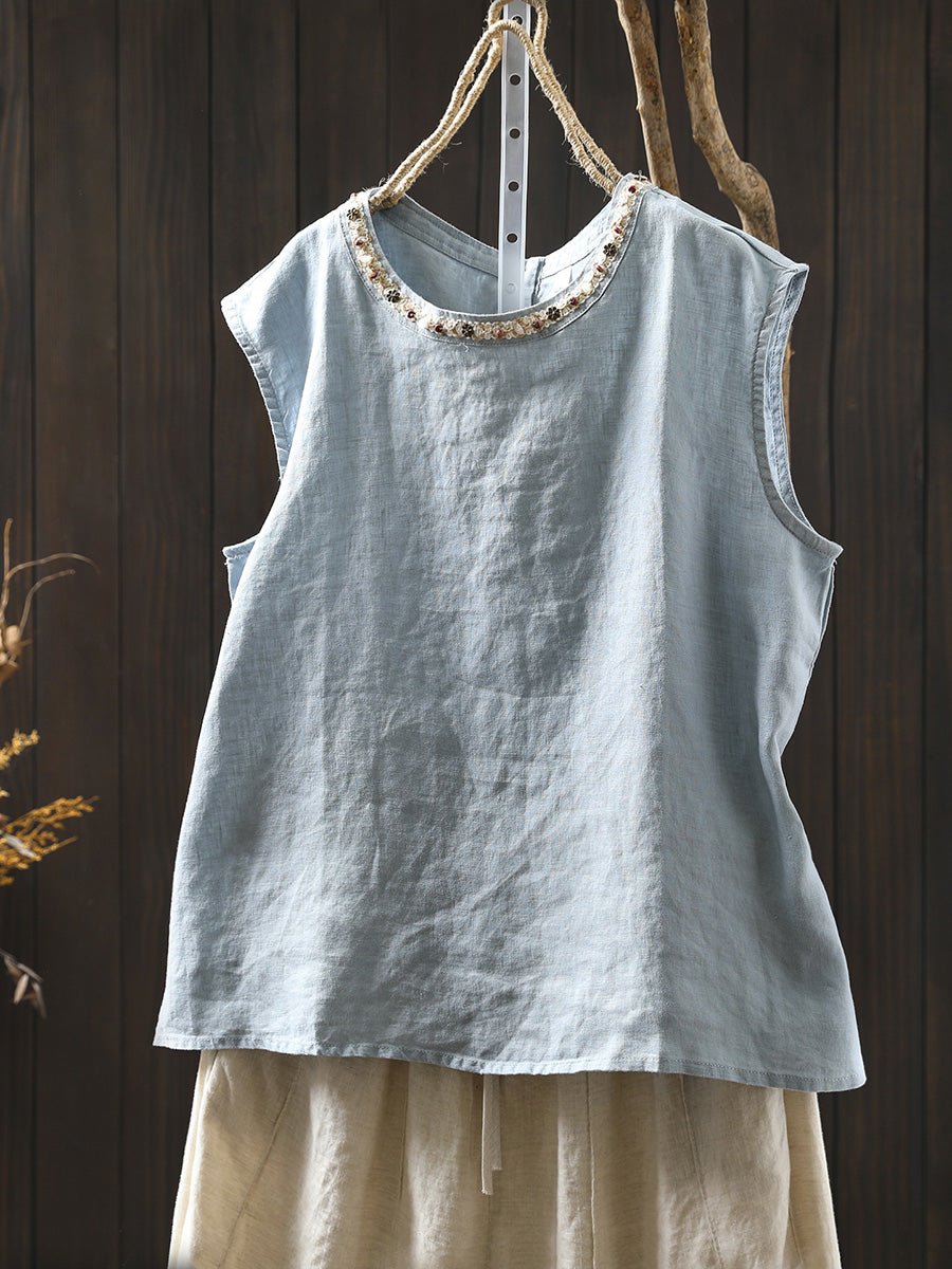Women Summer Artsy Pure Color 100%Linen Spliced O-Neck Shirt