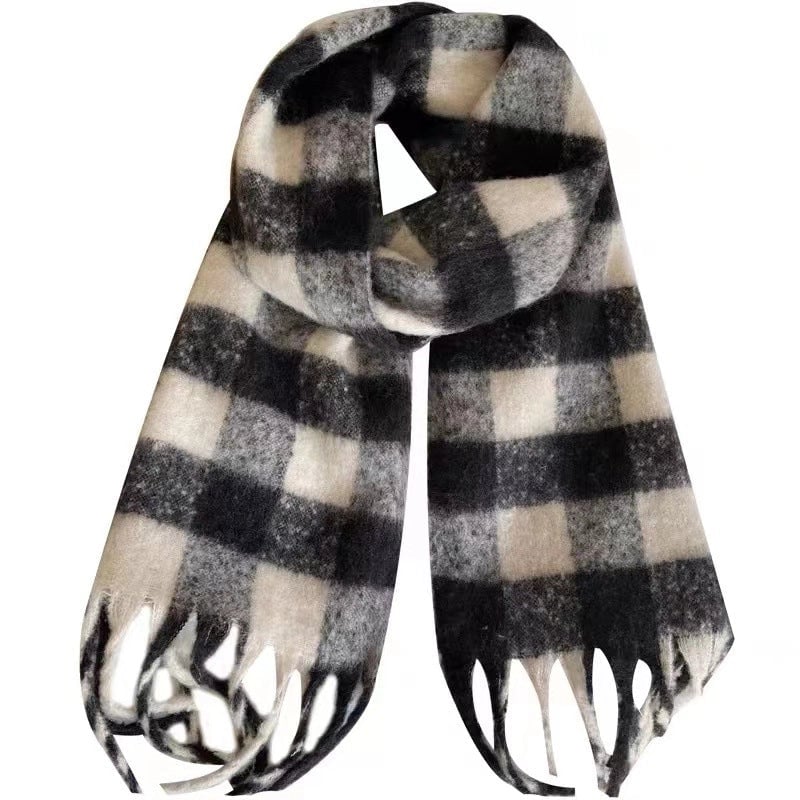 Black And White Plaid Mohair Tassel Scarf Women's Winter New Shawl Lengthened Fashionable Warm Scarf
