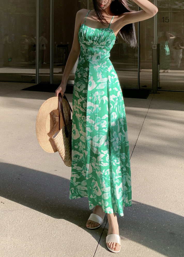 Slim Fit Green Print High Waist Cotton Spaghetti Strap Dress Summer