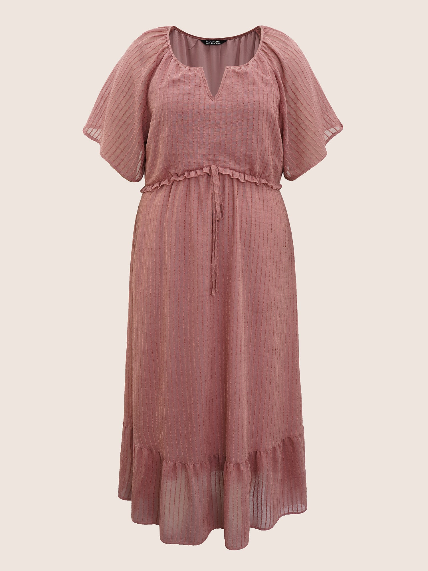 Solid Striped Notched Ties Up Pocket Flutter Maxi Dress