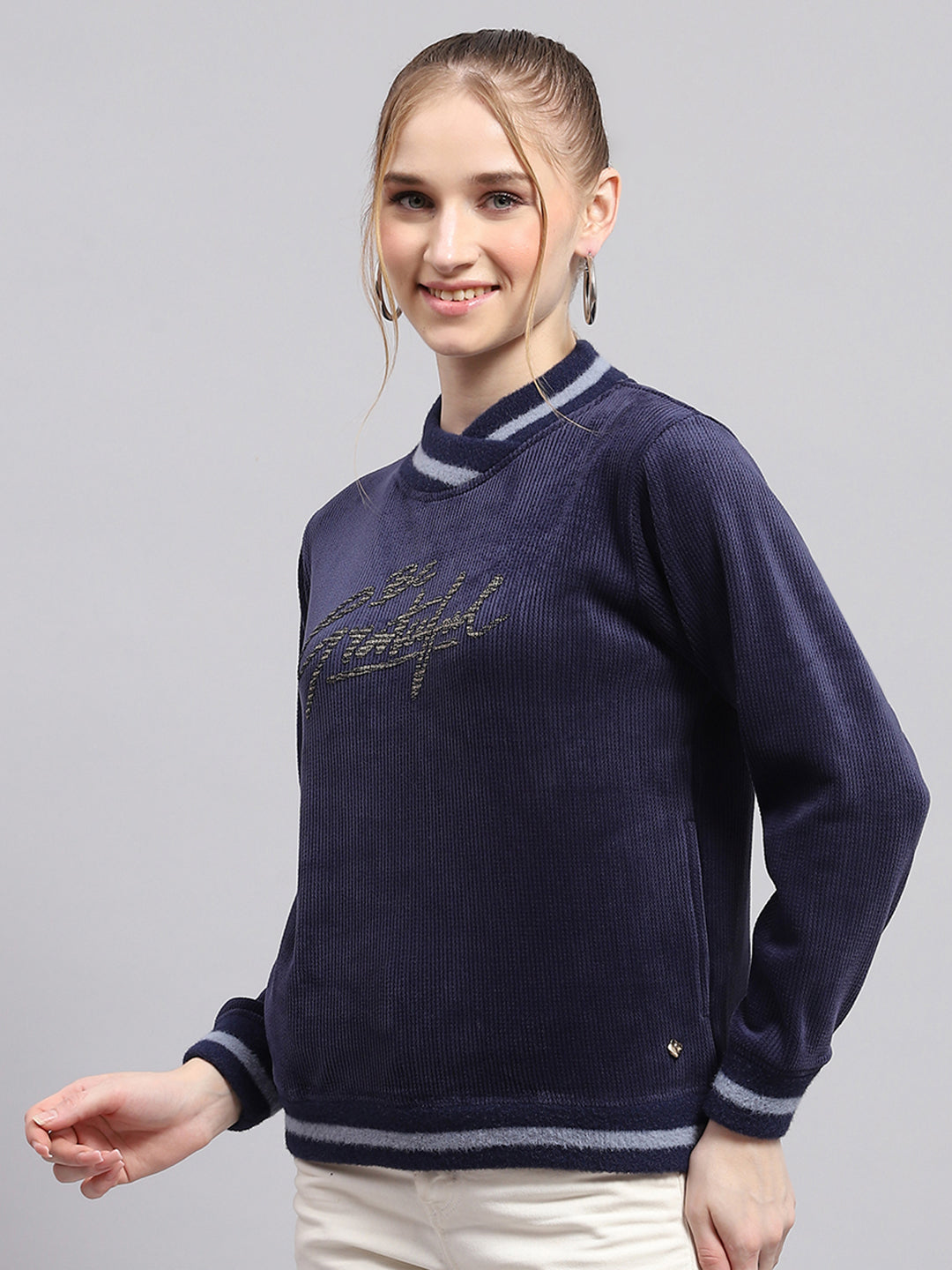 Women Navy Blue Printed High Neck Full Sleeve Sweatshirt