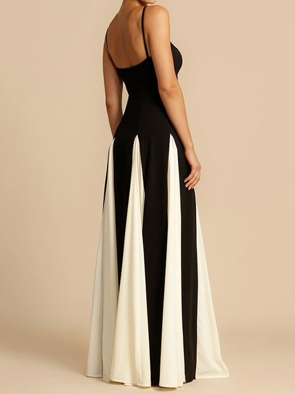 A-Line Sleeveless Contrast Color Pleated Split-Joint Spaghetti-Neck Evening Dresses Maxi Dresses