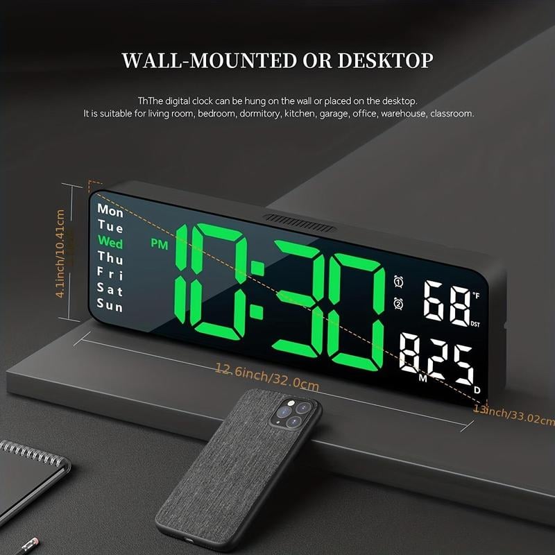 ⚡13 Large Digital Clock with Temperature. Date. Auto DST. Night Light. Auto Brightness Dimmer