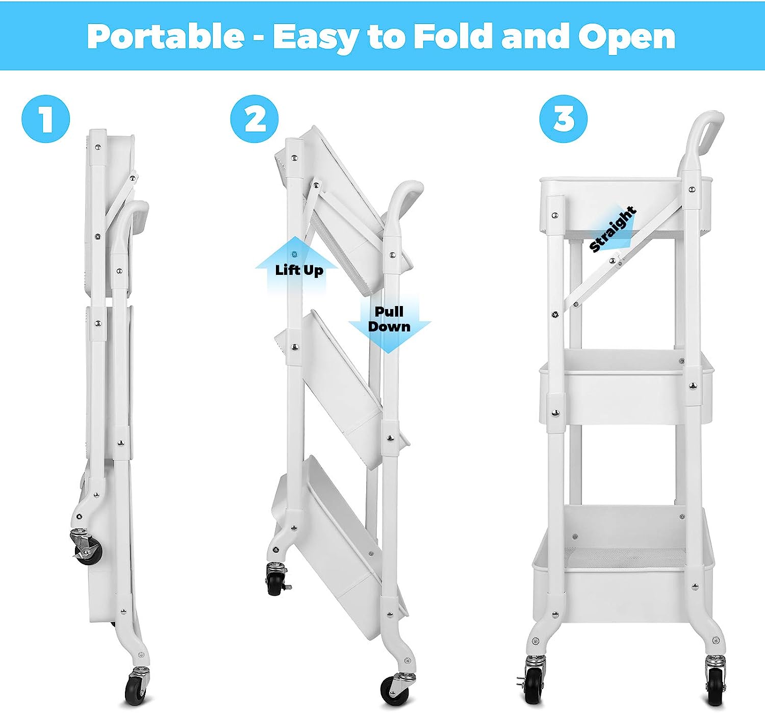 Foldable 3 Tier Metal Utility Rolling Cart. Folding Mobile Multi-Function Storage Trolley Organizer Cart (White)