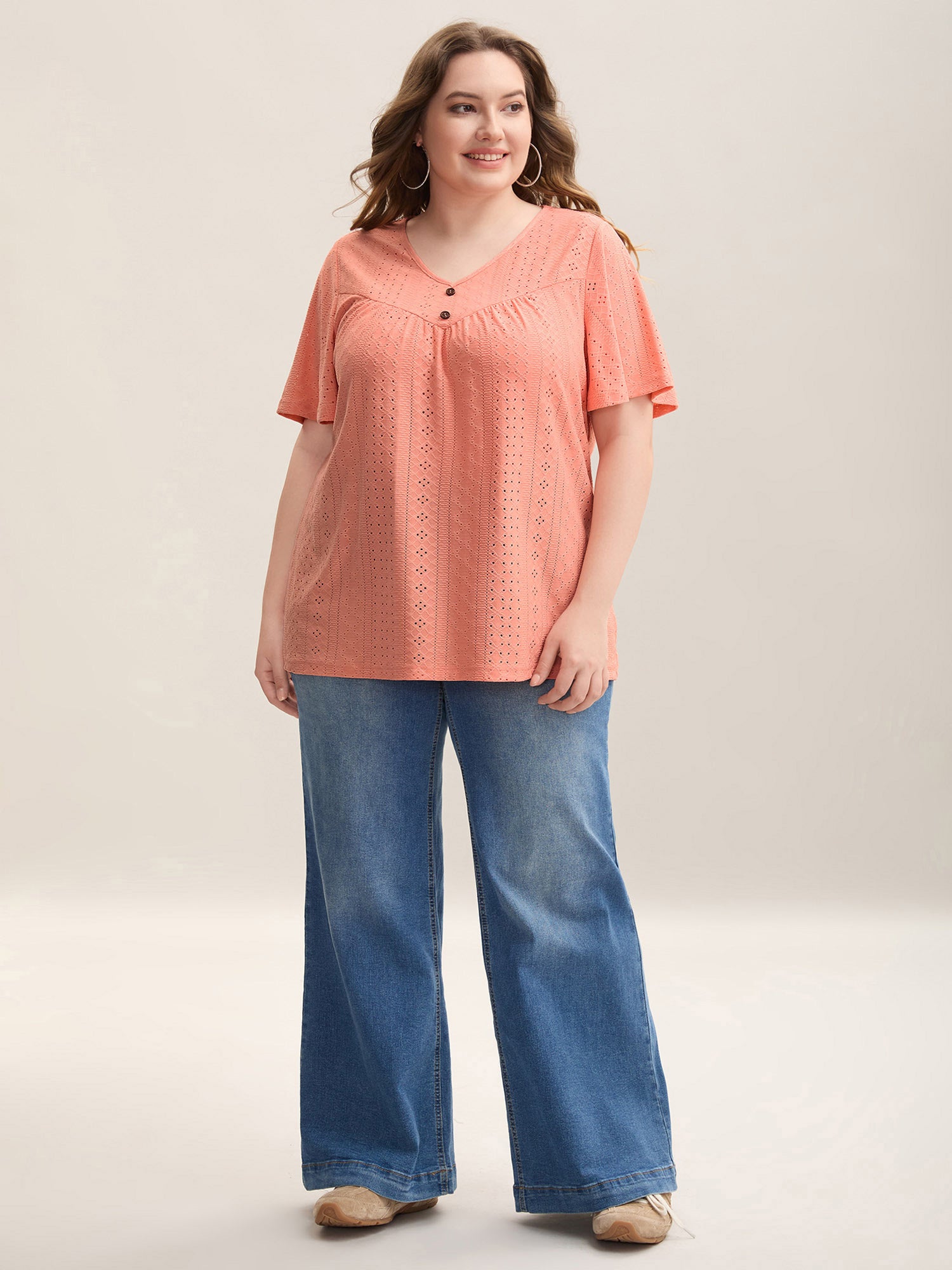 Textured Button Detail Pleated T-Shirt