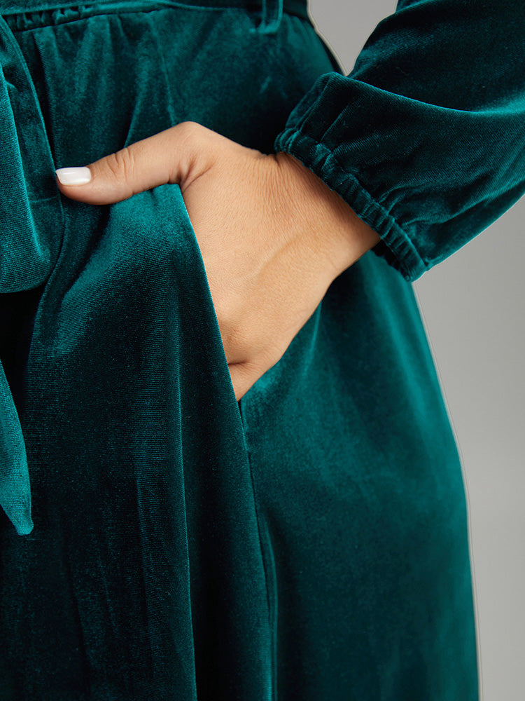 Solid Velvet Belted Wrap Arc Hem Dress