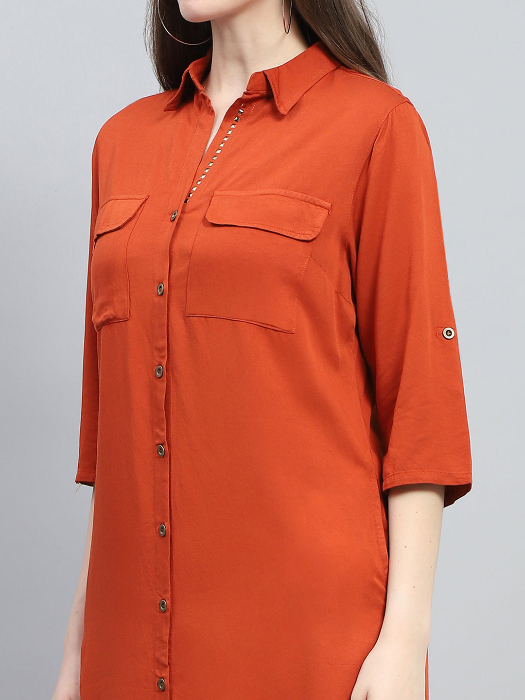 Women Rust Solid Collar 3/4th Sleeve Tunic