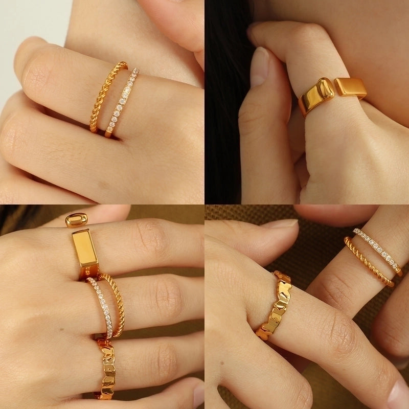 304 Stainless Steel 18K Gold Plated Minimalist Irregular Floral Irregular Ditsy Floral Zircon Adjustable Ring