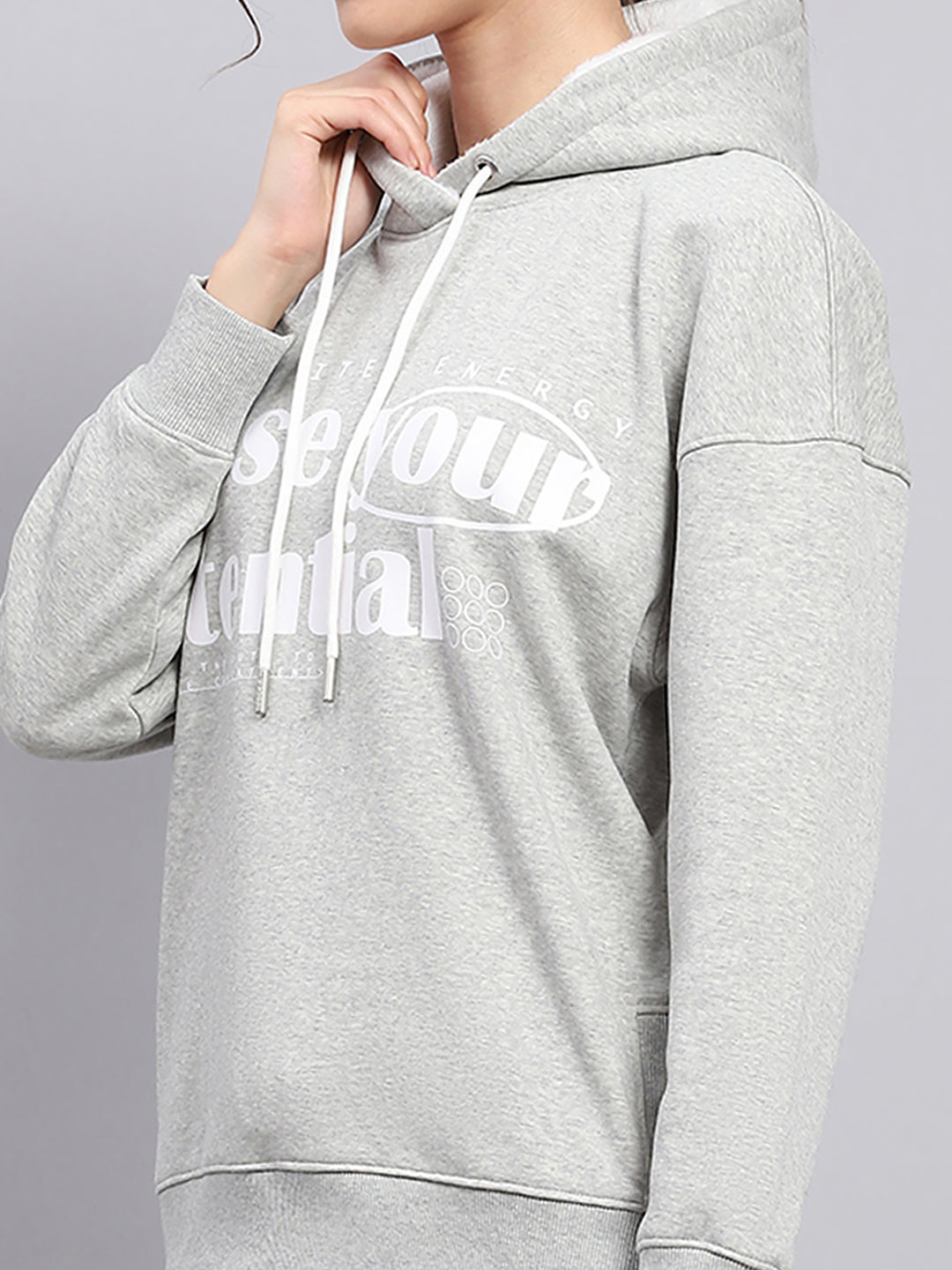 Women Grey Printed Hooded Full Sleeve Sweatshirt