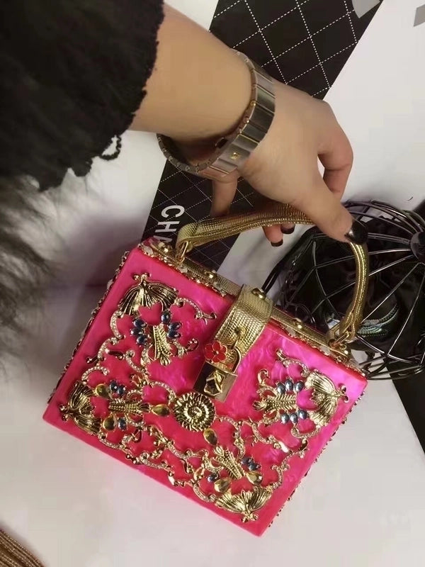 Black White Gold Arylic Flower Hollow Square Evening Bags