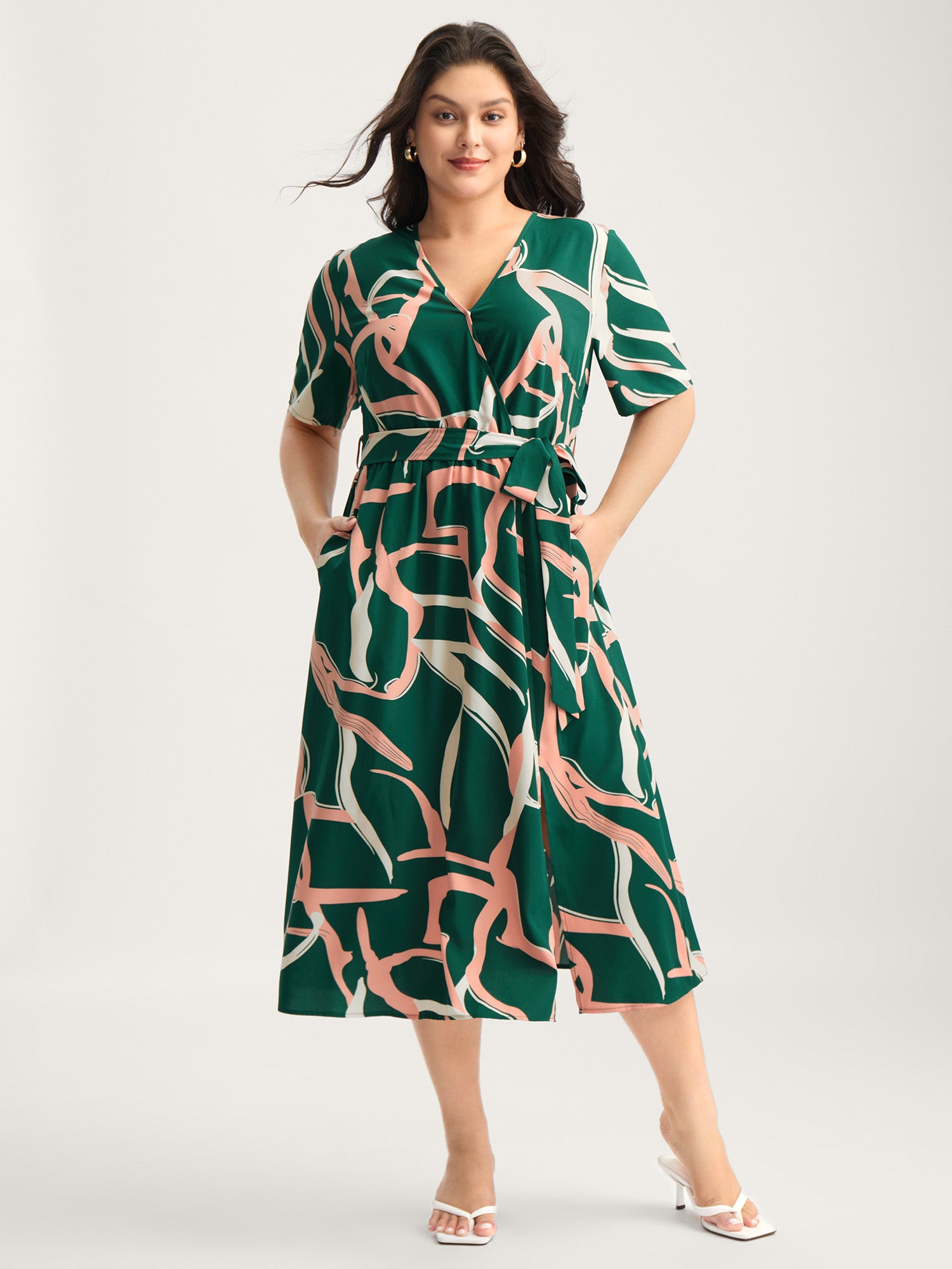 Abstract Belted Side Slit Surplice Midi Dress