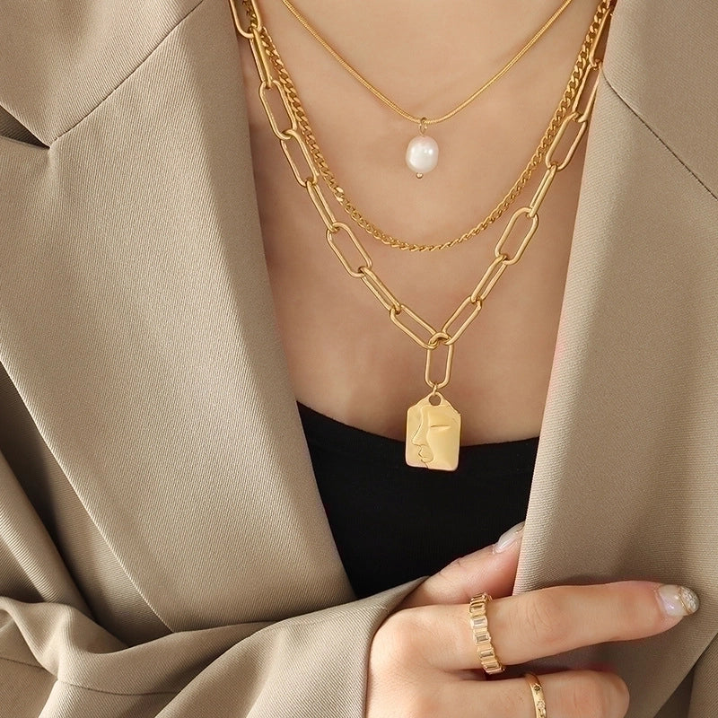 Fashion Human Face 304 Stainless Steel Freshwater Pearl 18K Gold Plated Plating Necklace