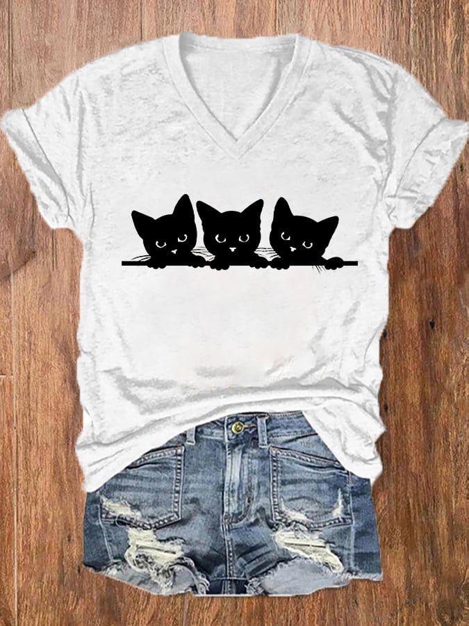 Women's Black Cat Print V-Neck T-Shirt