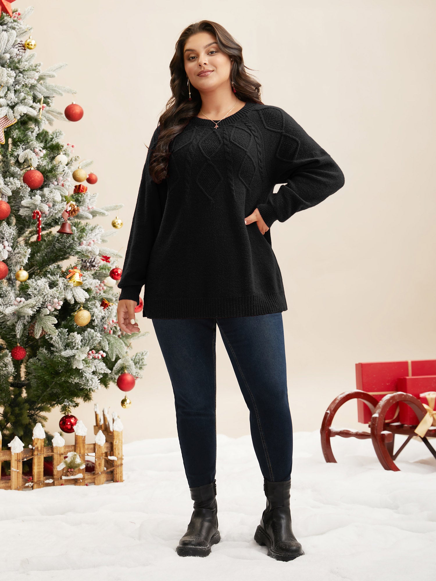 Cable Knit Bodice Crew-Neck Pullover