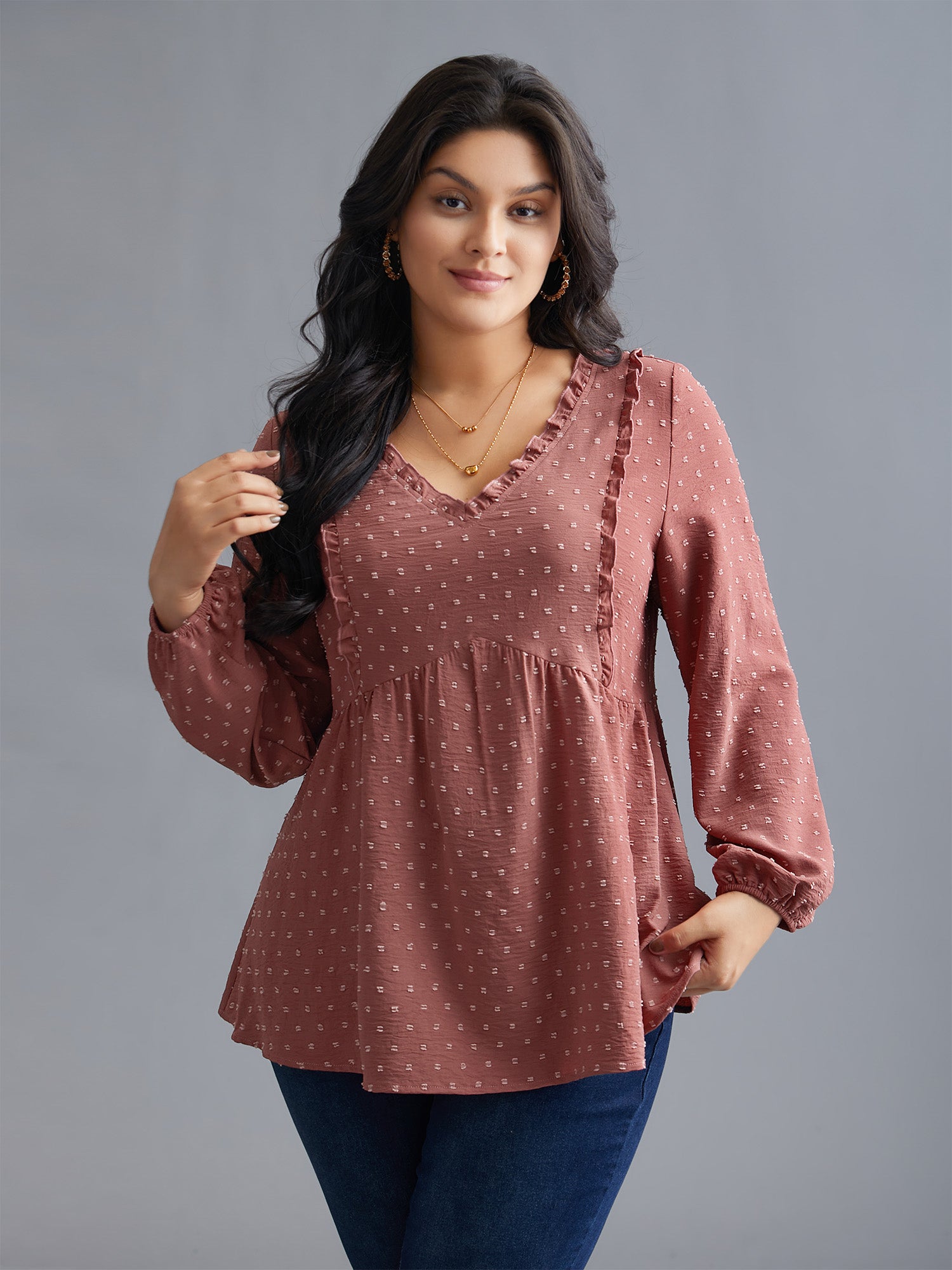 V Neck Ruffle Trim Elastic Cuffs Blouse