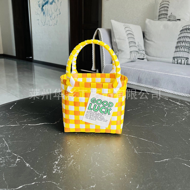 Women's PVC Color Block Plaid Vacation Weave Square Open Square Bag