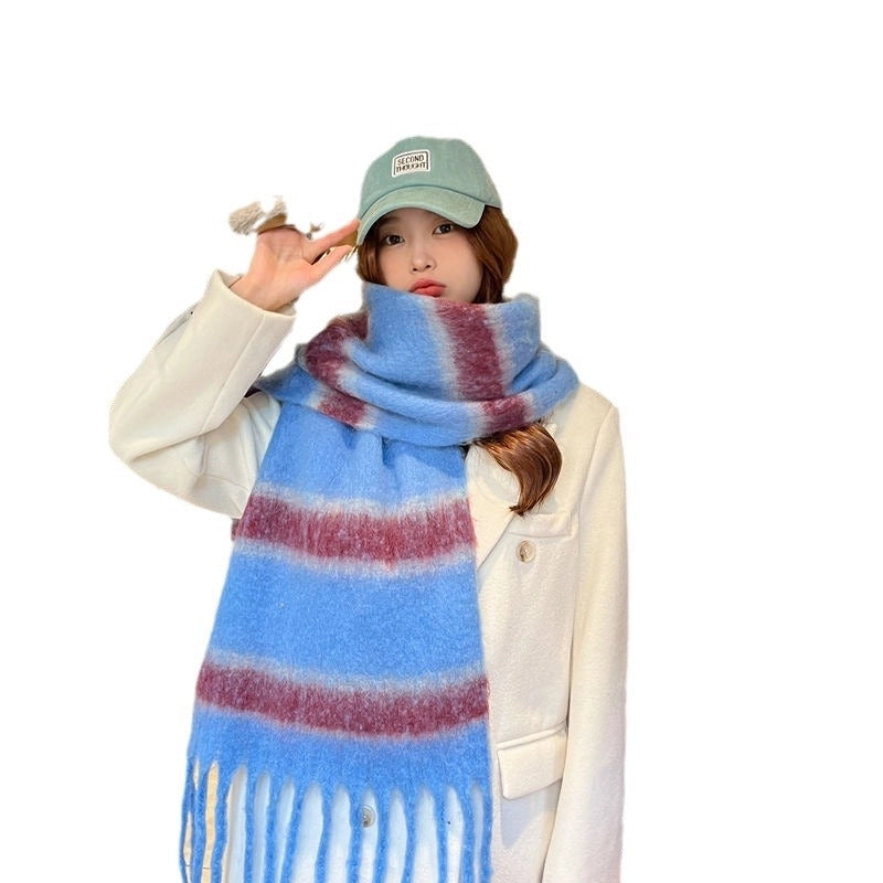 Women's Preppy Style Vacation Sweet Color Block Stripe Mohair Tassel Scarf