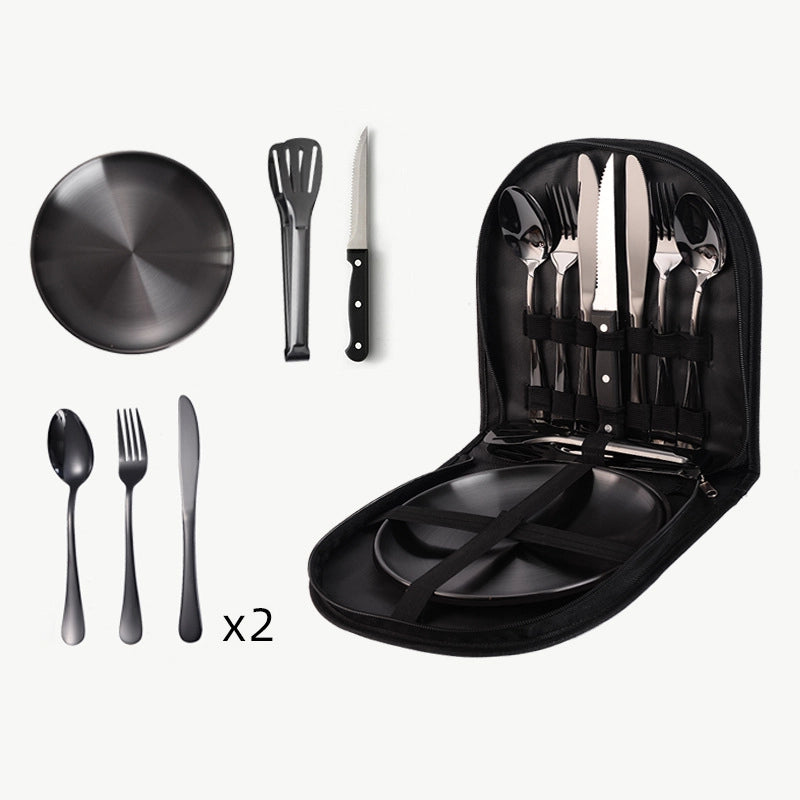 Outdoor Travel Stainless Steel Tableware Camping Picnic Barbecue Plate Clip Steak Knife. Fork And Spoon Suit Portable Storage Bag