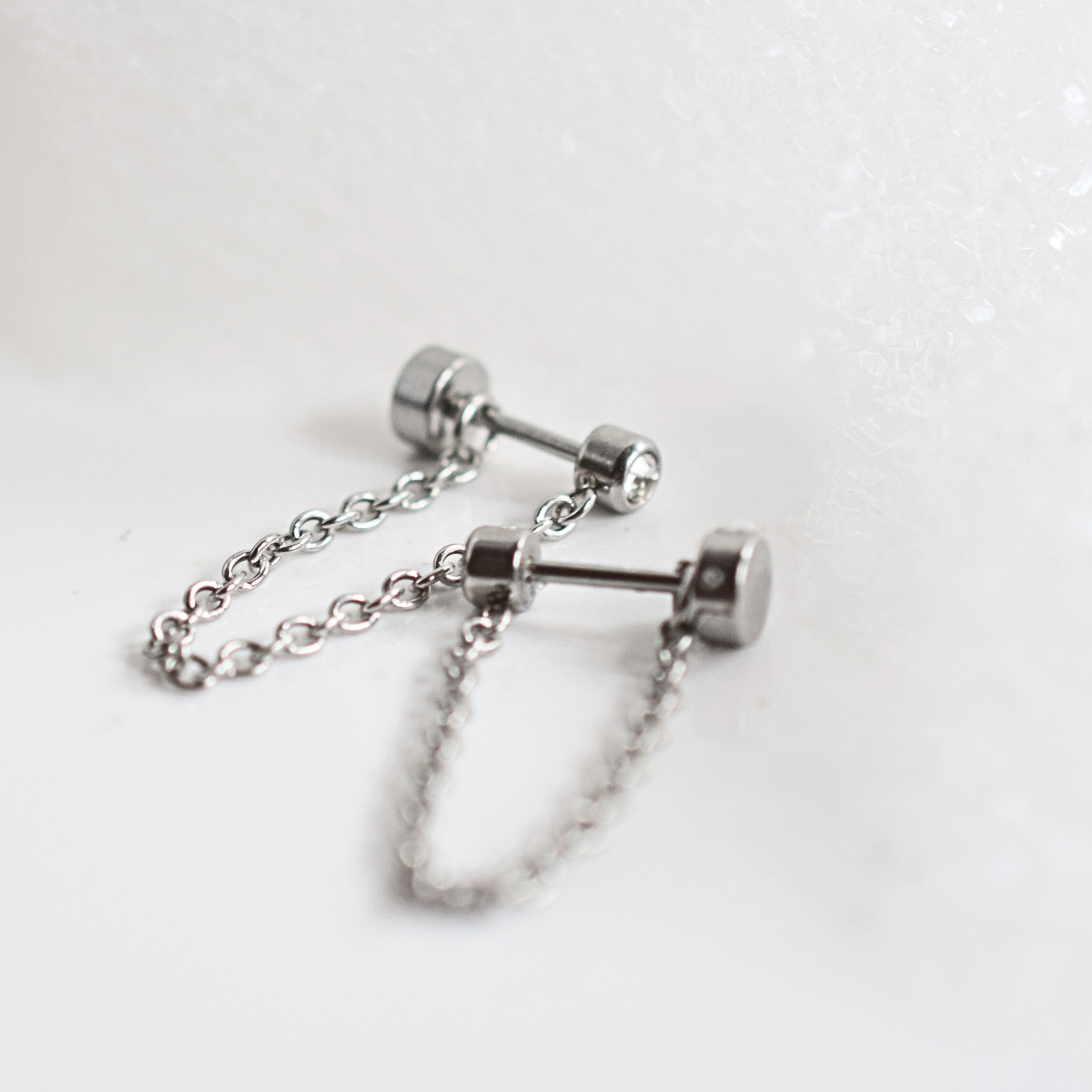 Chained 3mm framed diamond style studs - Silver