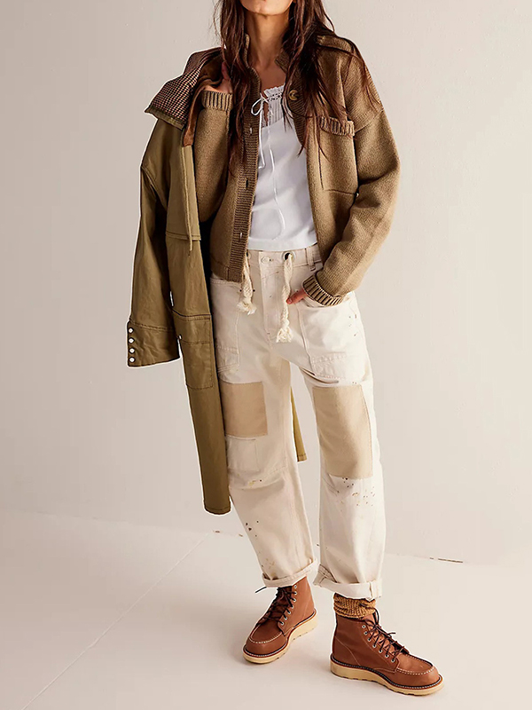 Long Sleeves Loose Buttoned Pockets Solid Color Split-Joint Stand Collar Cardigan Tops