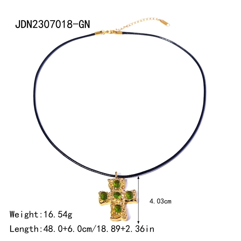 Minimalist Classic Style Cross 304 Stainless Steel Natural Stone Rhinestones Zircon 18K Gold Plated Pendant Necklace