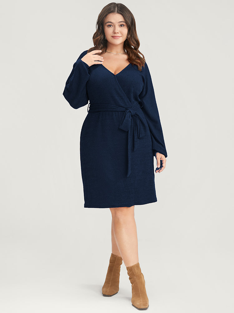 Solid Surplice Neck Belted Knit Dress