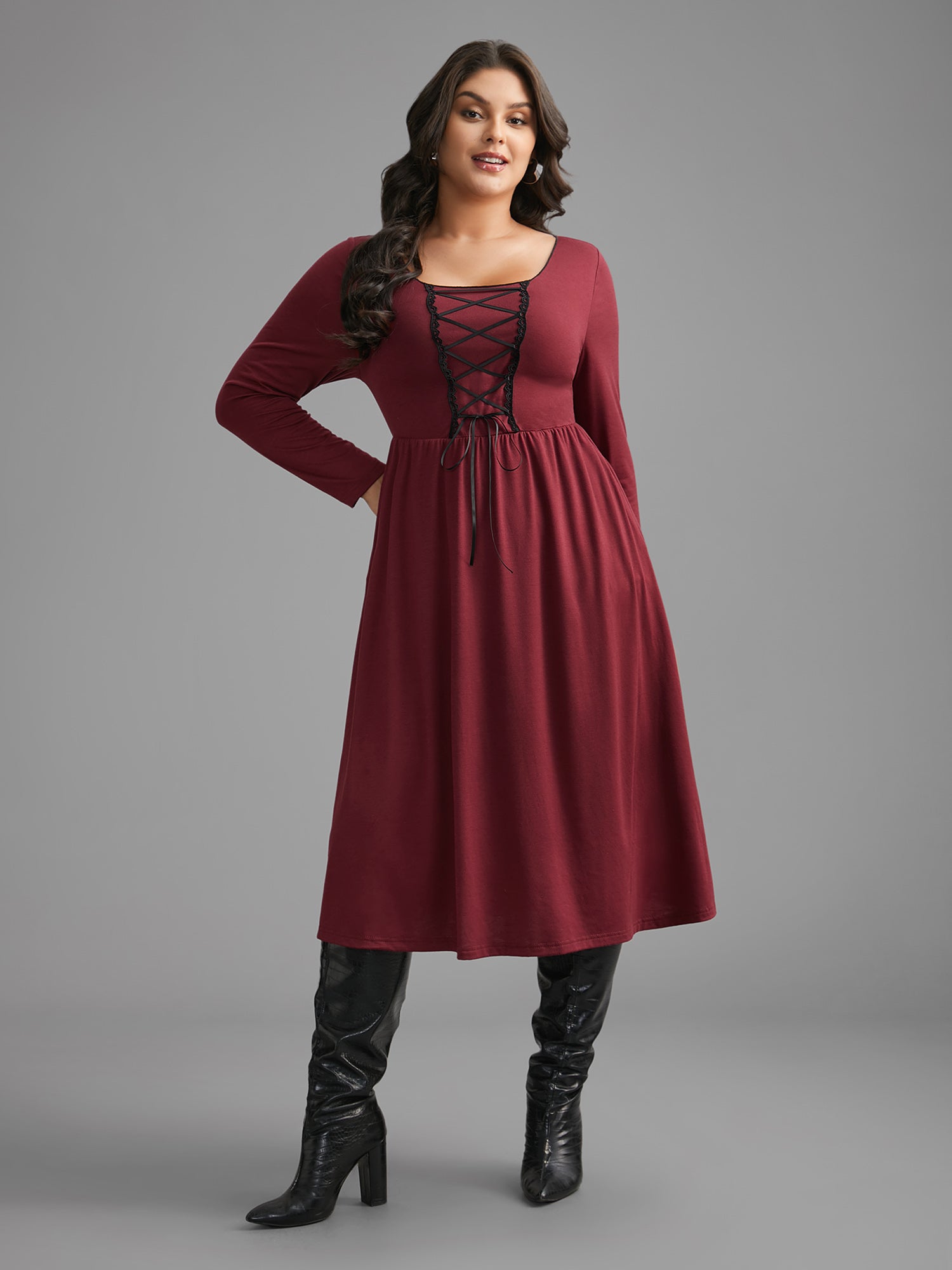 Square Neck Lace Panel Lace Up Dress