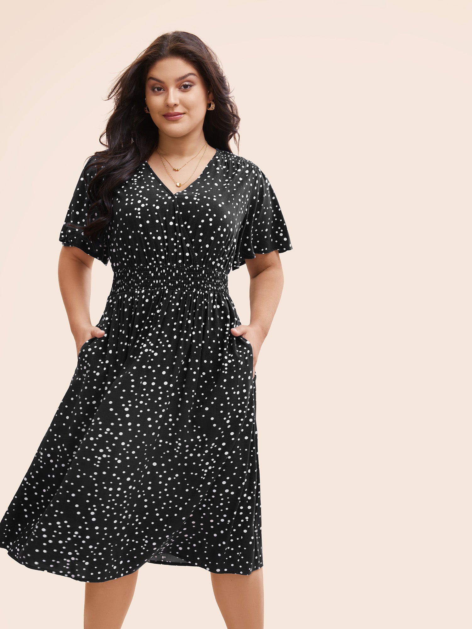 Polka Dot Wrap Pocket Shirred Ruffle Sleeve Dress