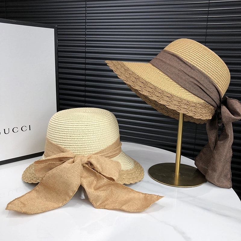 Women's Minimalist Classic Style Color Block Bowknot Flat Eaves Straw Hat