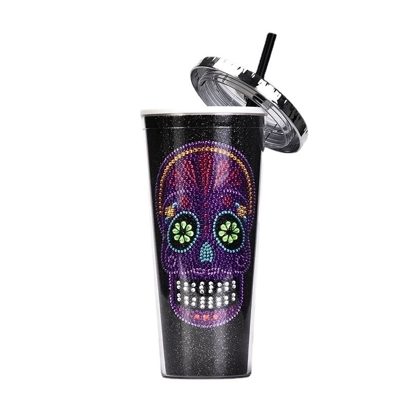 New Double-layer Plastic Straw Cup Creative Halloween Skull Head Large Capacity Drink Cup