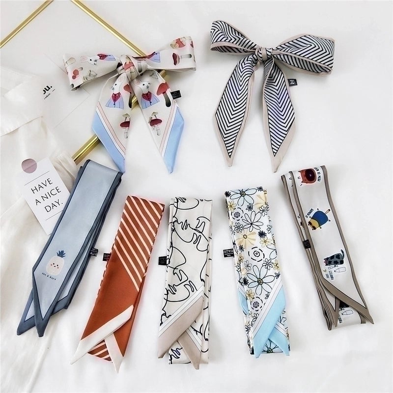 Fashion Streamer Printing Bow Silk Scarf