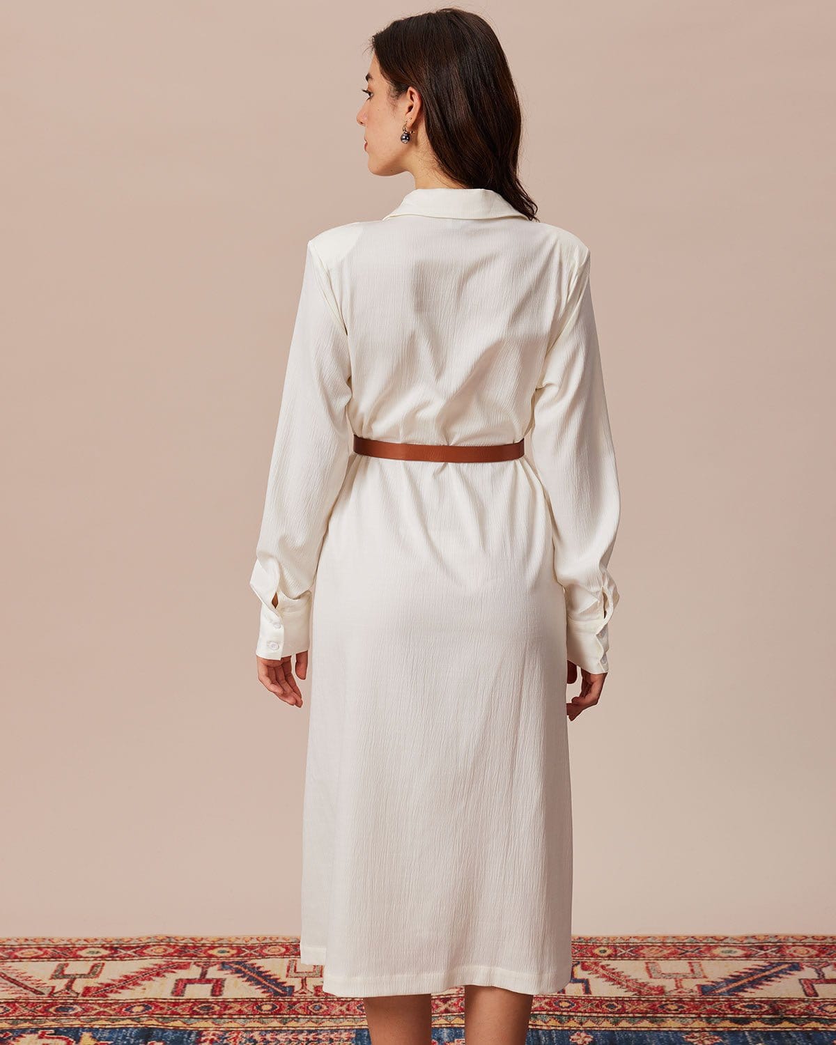 The Beige Lapel Long Sleeve Shirt Midi Dress