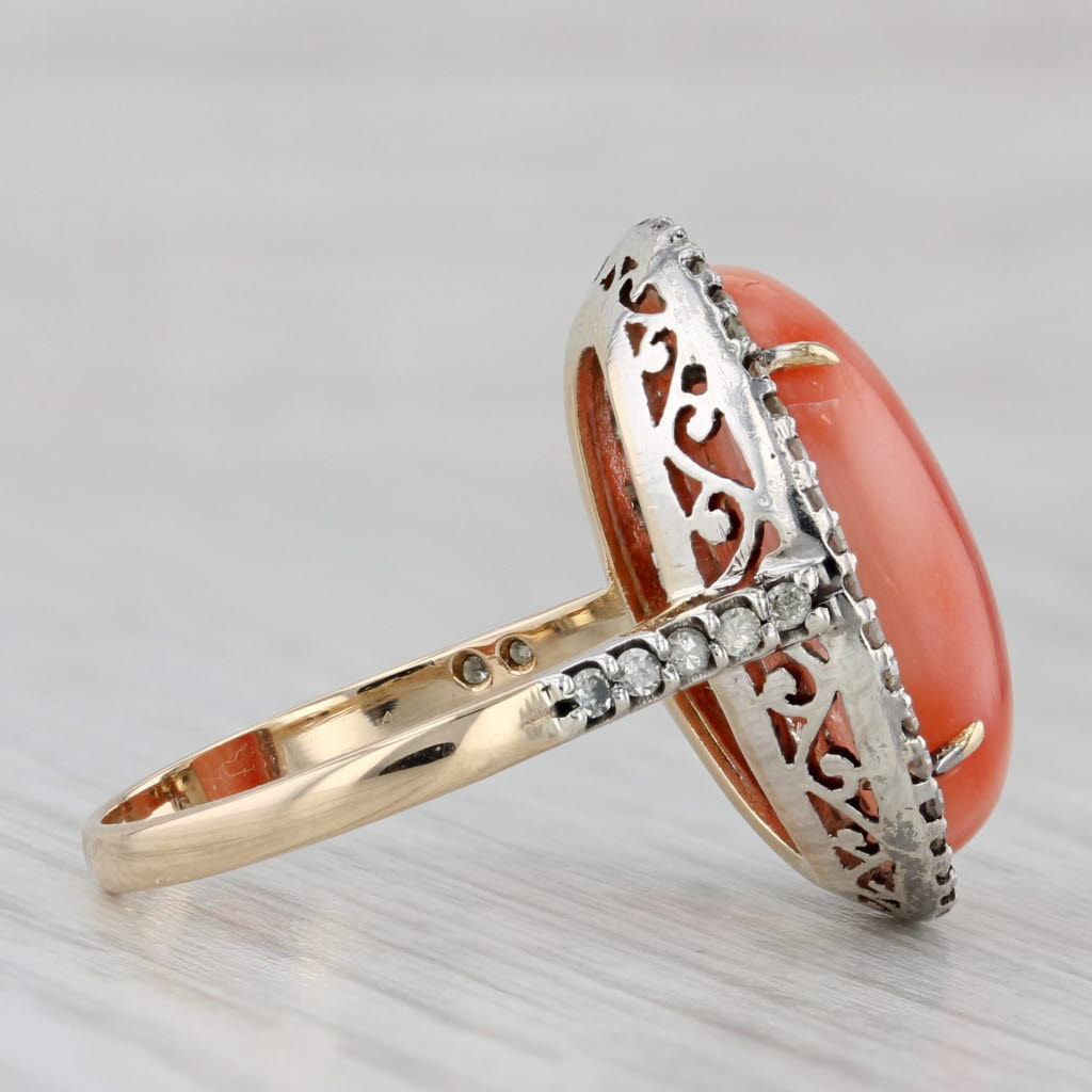 Coral Cabochon Diamond Halo Ring 14k Yellow Gold Silver Size 8