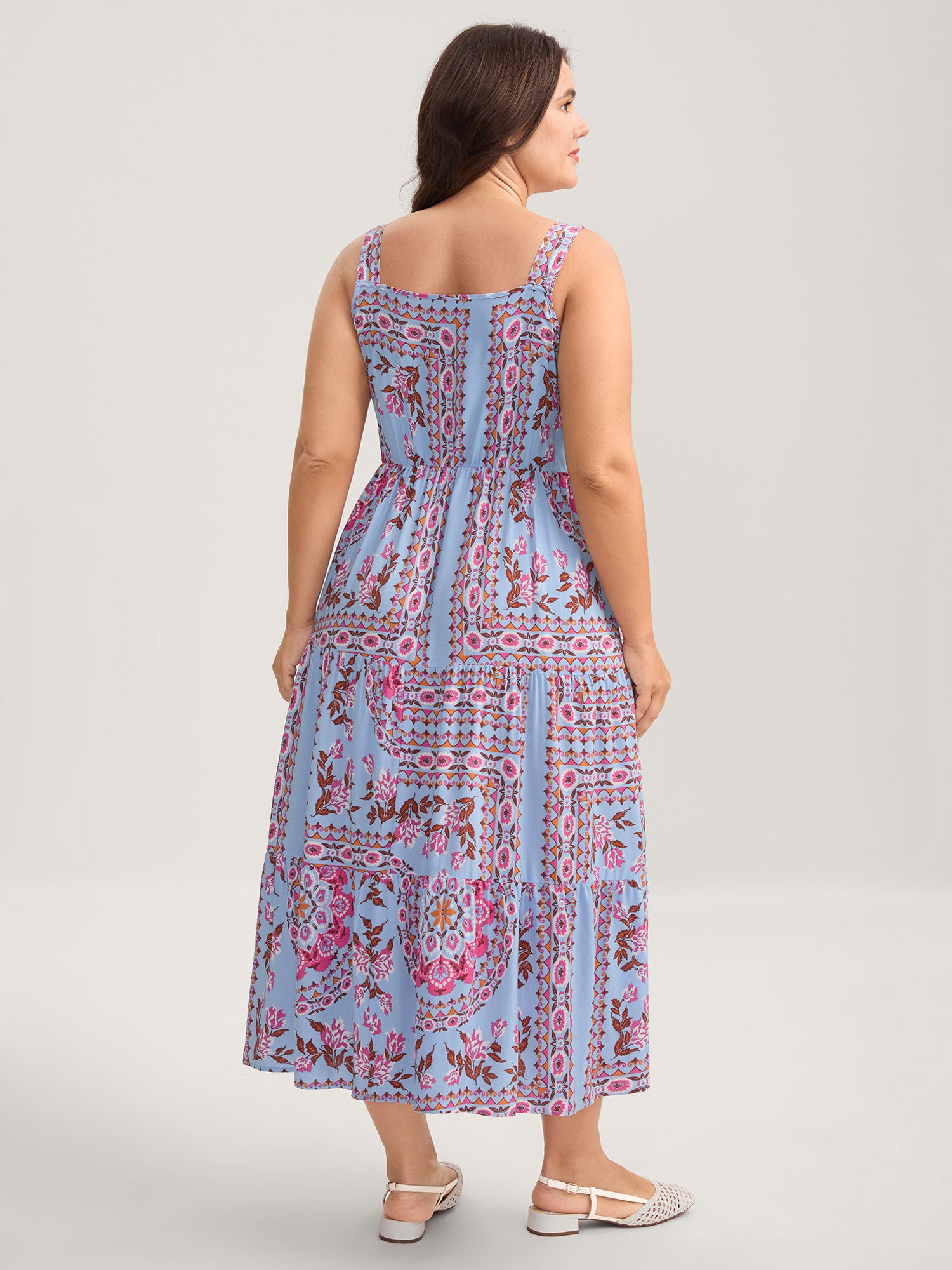 Rayon Floral Print Shirred Pockets Midi Dress