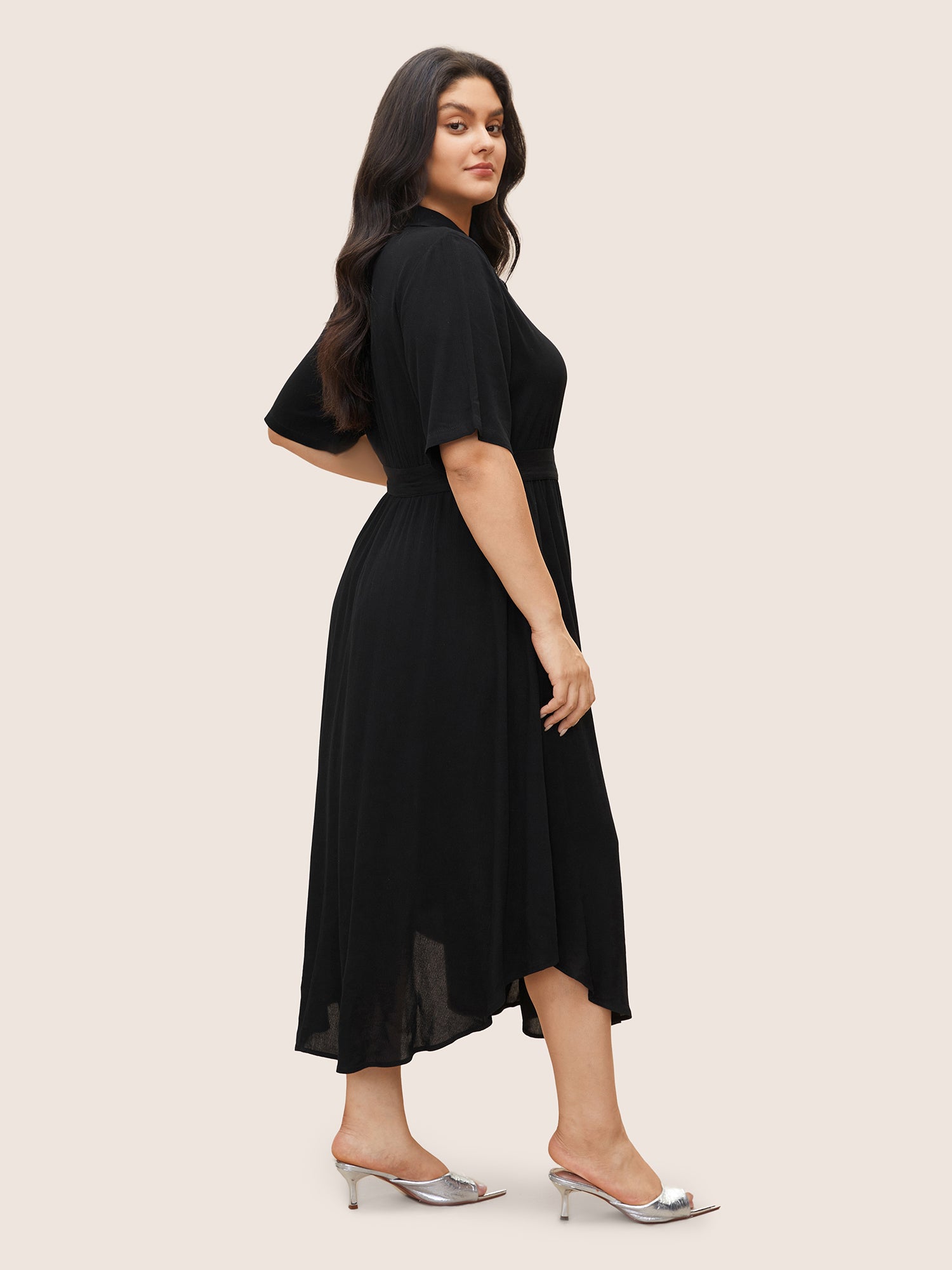 Solid Button Pocket Shirt Collar Belted Maxi Dress