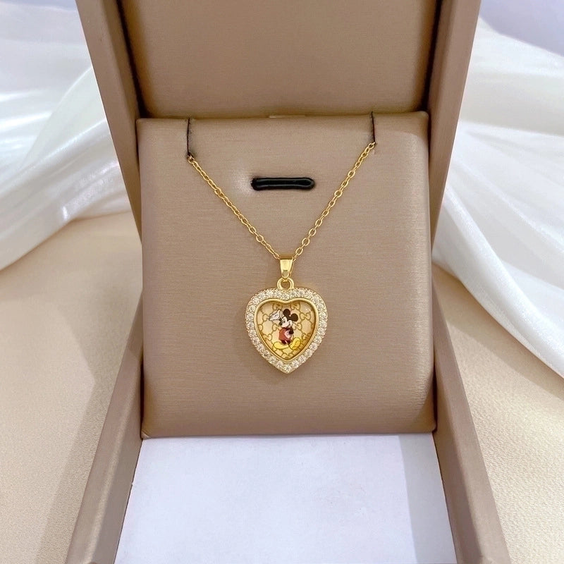 2 Pieces Minimalist Classic Style Geometric Heart Shape Titanium Steel Copper Zircon Pendant Necklace In Bulk