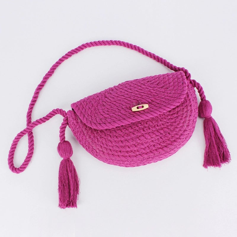 Women's Small Cotton Solid Color Basic Classic Style Tassel Weave Dumpling Shape Lock Clasp Crossbody Bag