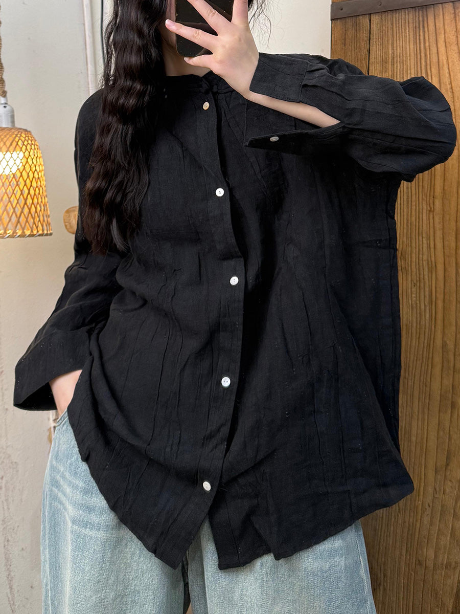Women Summer Vintage Pure Color Stand Collar Linen Shirt