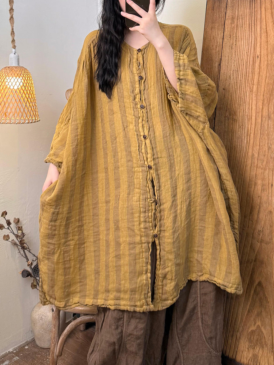 Women Summer Retro Stripe O-Neck Linen Shirt