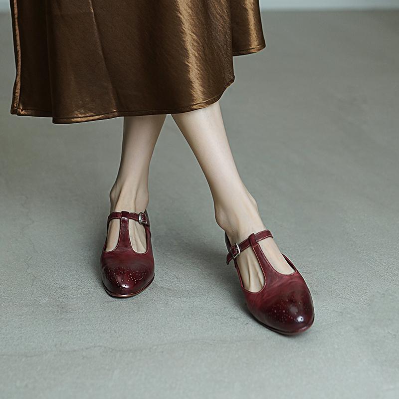 Vintage Washed Horse Leather T-Strap Brogue Mary Jane Shoes in Red/Black/Brown