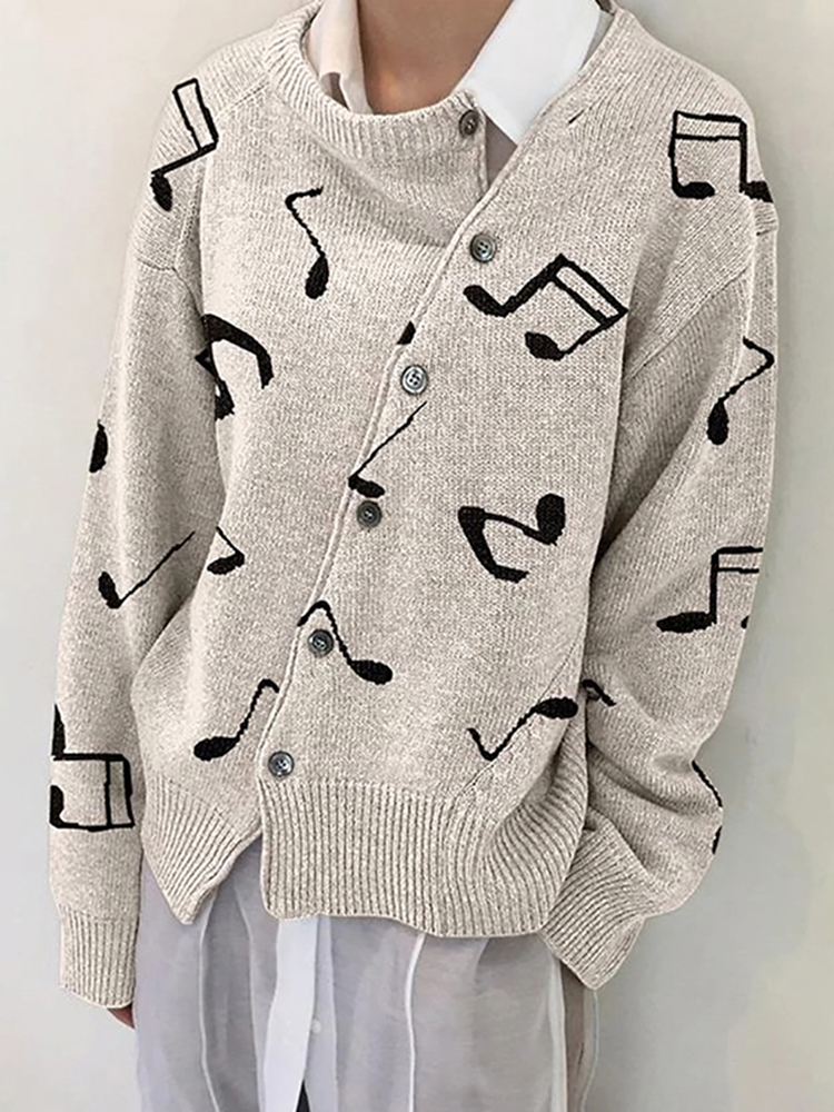 Musical Jacquard Diagonal Button Irregular Sweater Cardigan