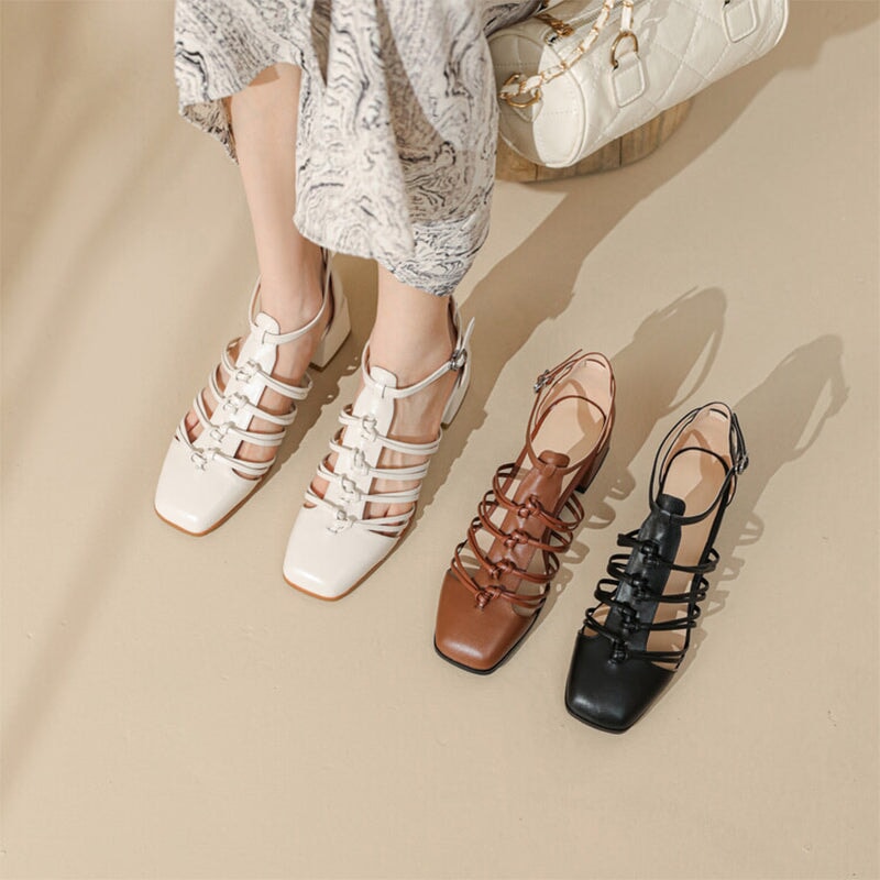 Casual Woven Strappy T-Strap Block Heel Cow Leather Sandals in Brown/Black/Beige