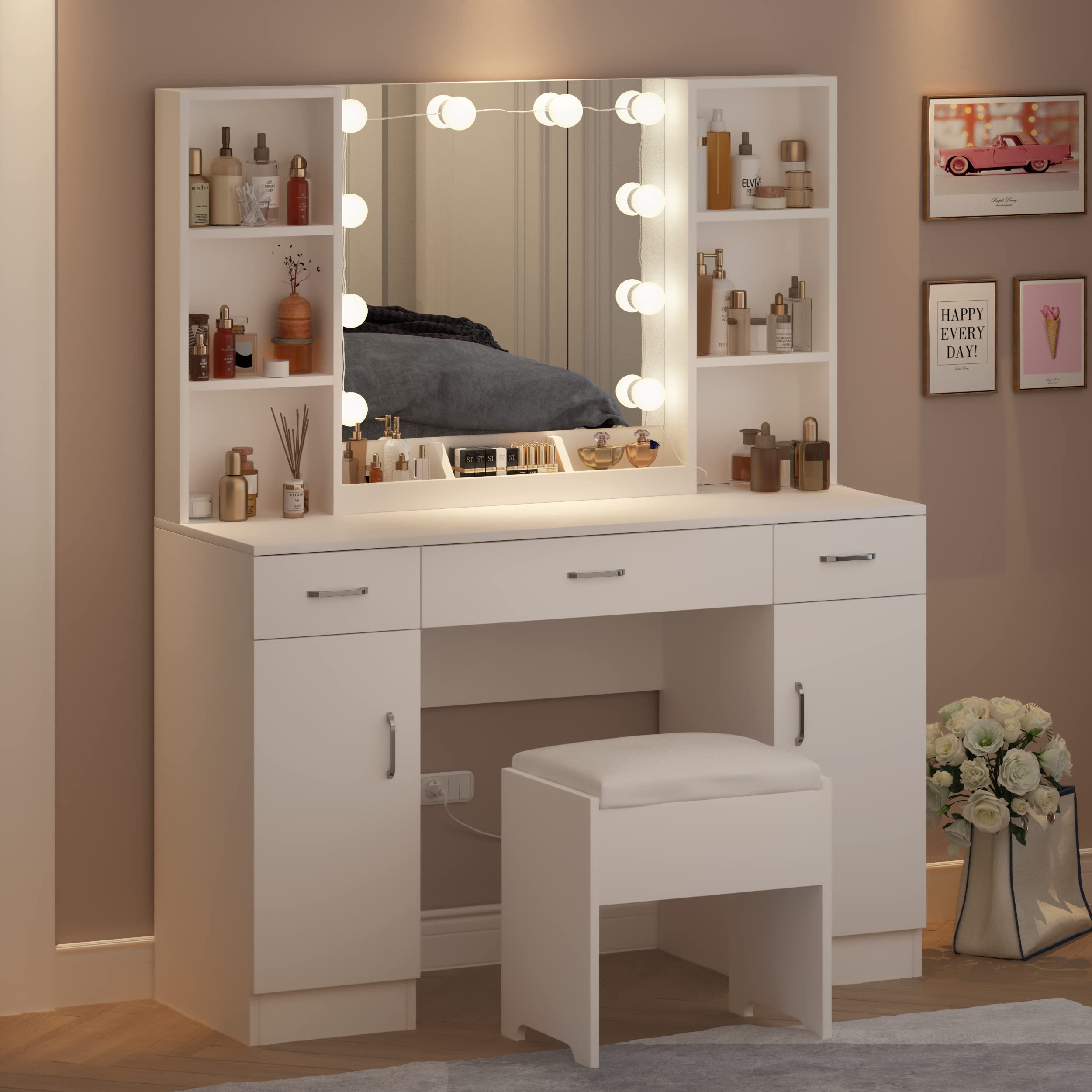 Large 45.2inch Makeup Vanity Table with Lighted Mirror